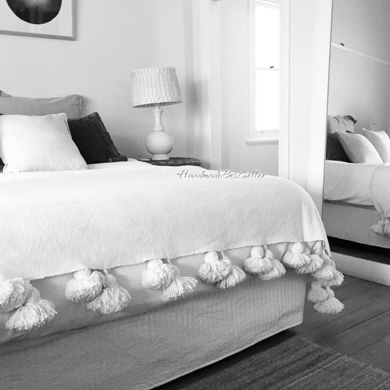 HandmadeBestSeller – wholesale Throw blanket – Handmade White Moroccan Pom Pom Blanket0