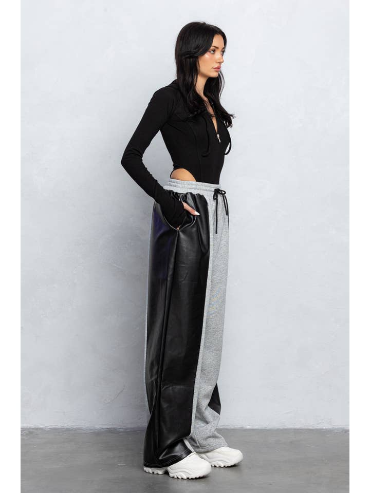 No Vacancy – wholesale Lounge Sweatpants/jogging bottoms – Women's – Half and half faux leather detail and sweatpants1