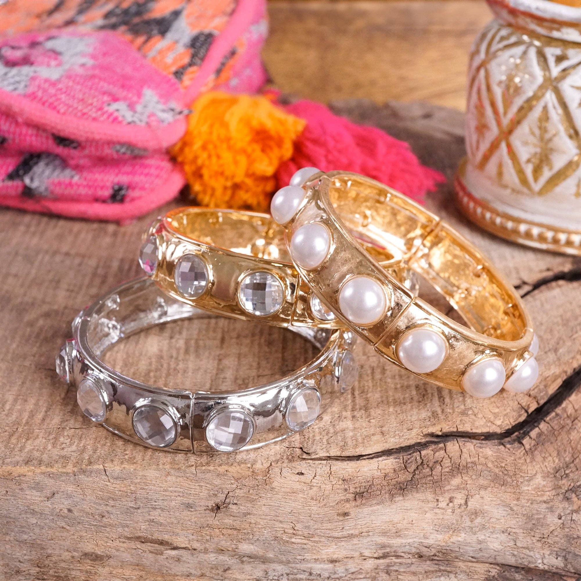 PennyLine inc - Wholesale Bangle Bracelet - Eternity Statement Bangle Gold Silver Tone Pearls Crystals5