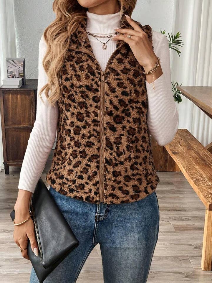 Chic Leopard Print Faux Fur Short Zip-Up Vest Cardigan for wholesale by Rosa Clothing