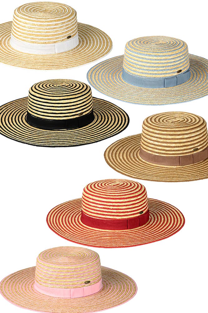 Hana - Wholesale Straw Hat - Women's - C.C Stripe Pattern Straw Boater Sun Hat3