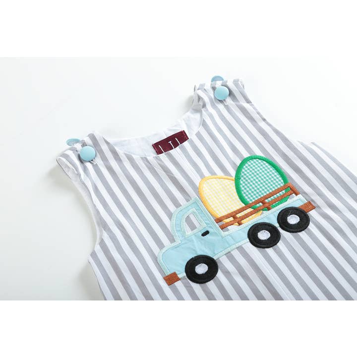 Lil Cactus - Wholesale Overalls - Baby - Gray Striped Easter Egg Truck Shortalls2