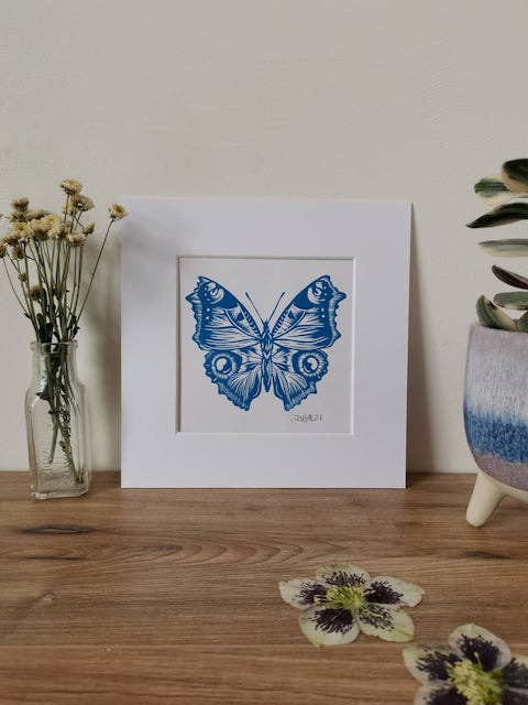 Blue Butterfly Linocut art print for wholesale by Jackdaw and Bear