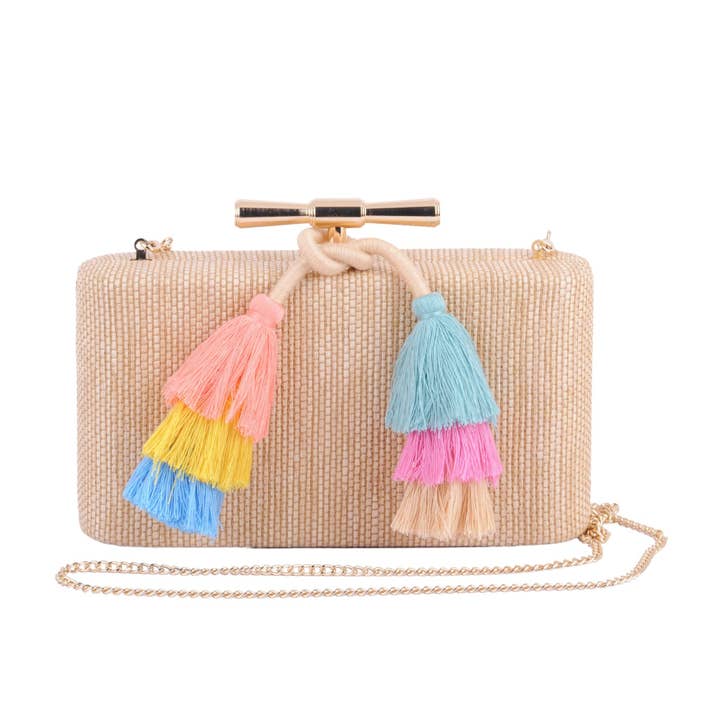 Raffia Clutch with Colorful Tassel and Chain Crossbody Strap for wholesale by Most Wanted USA