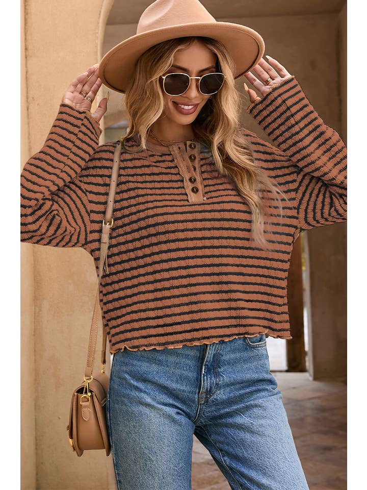 Little Daisy Closet - Wholesale Knit Top - Women's - LDC Stripe Frilly Trim Buttons Henley Long Sleeve Top