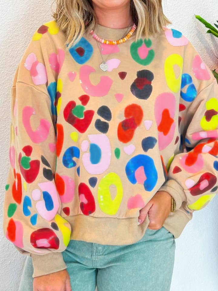Khaki Multicolor Leopard Printed Drop Shoulder Pullover Sweatshirt for wholesale on Faire