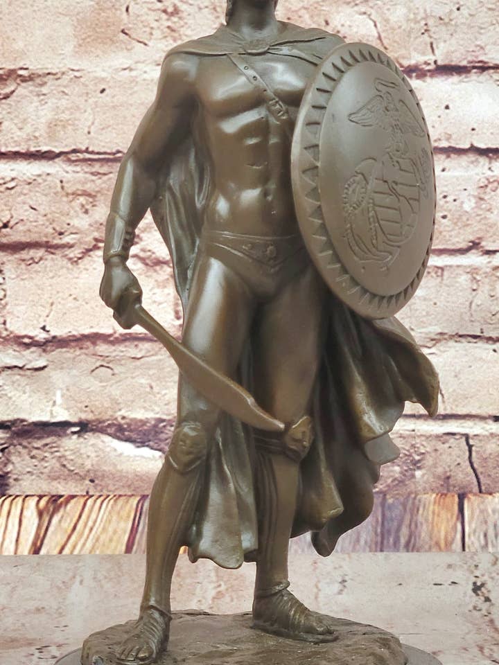 Spartaanse Griekse krijger met logo embleem van het US Marine Corps Bronzen standbeeld sculptuur 12" x 6" voor wholesale door Bronzhaus