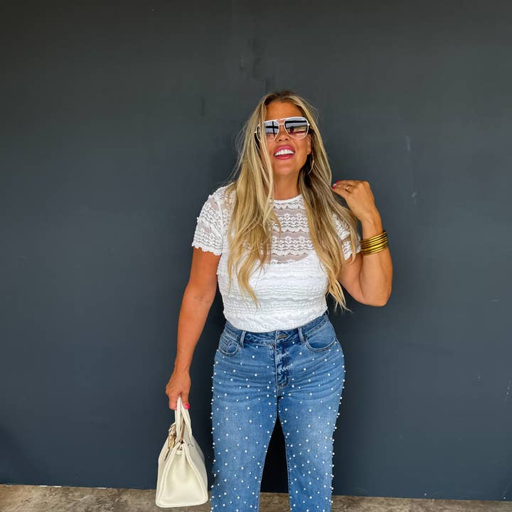 PREORDER- DENIM & PEARLS CROP JEAN and other Purchase Wholesale jeans with pearls. Free Returns & Net 60 Terms on Faire trending on Faire.