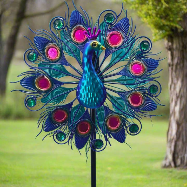 Marissa's Gifts – wholesale Wind spinner – Handmade Aurora peacock powder coated garden wind sculpture spinner measuring 150cm11