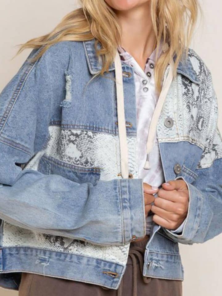 Dipped Shop - Wholesale Denim Jacket - Women's - Trendy Leopard Print Splice Ripped Denim Jacket DP25E7653