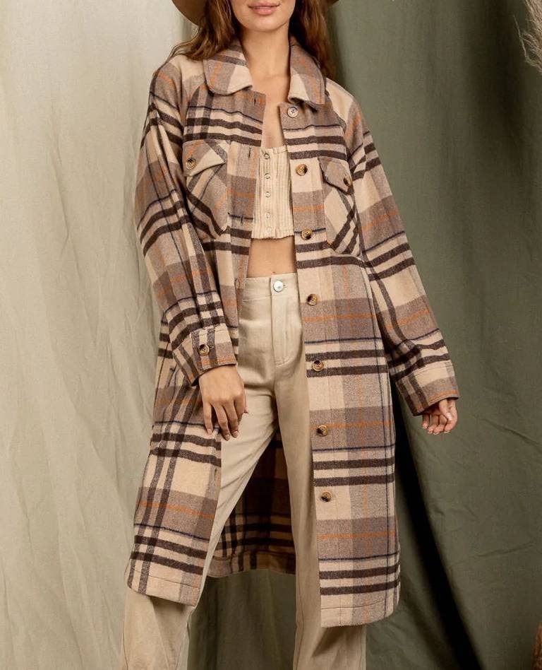 HIDDENBRAND - Wholesale Shirt Jacket/Shacket - Women's - Long Plaid Jacket With Large Lapel Pockets14