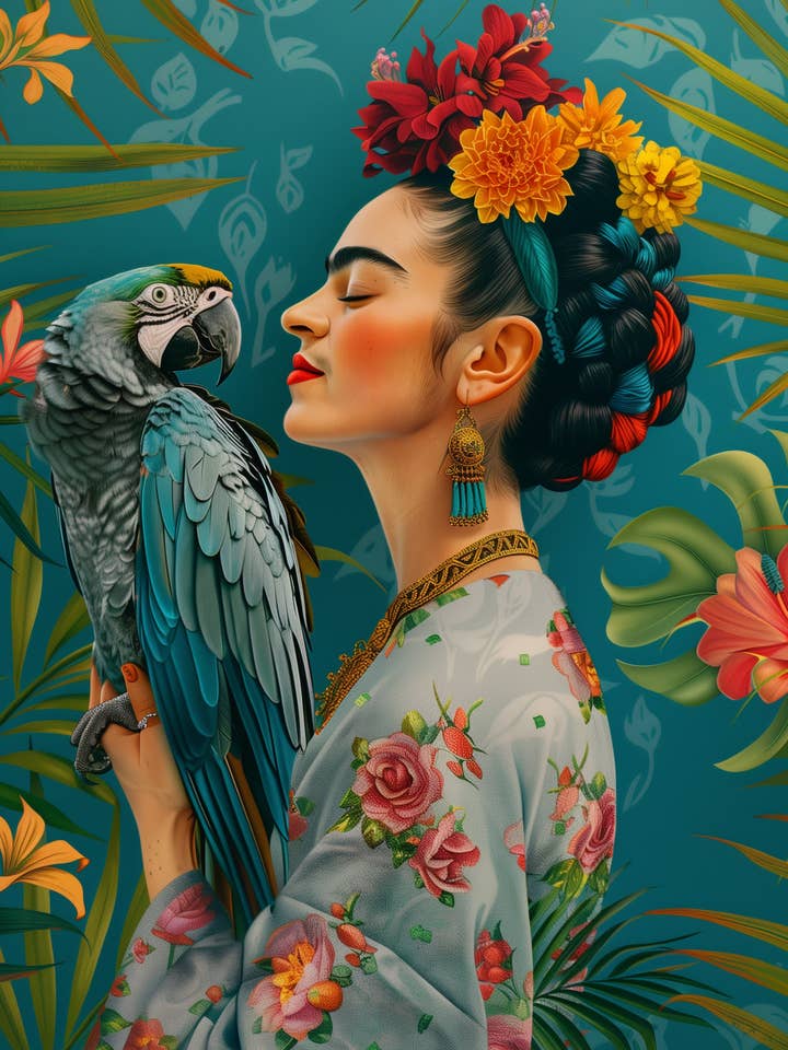 Frida Kahlo: Frida Kahlo with parrot | Kaart Fripperies for wholesale by Fripperies