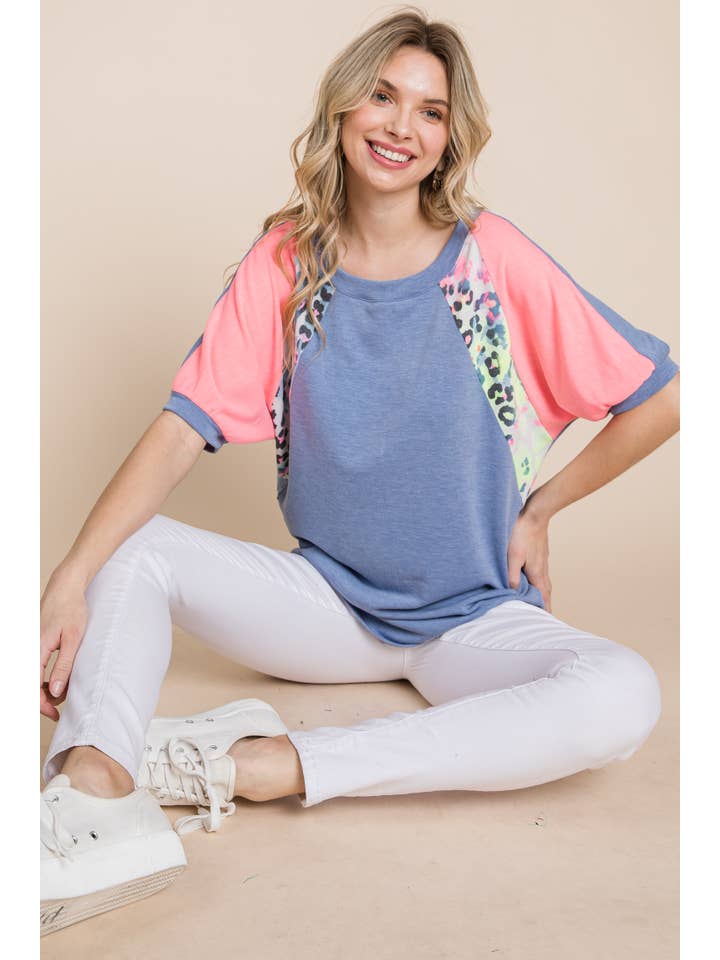 ETK-8752-PL Plus Size Neon Animal Print Contrast Casual Top for wholesale on Faire