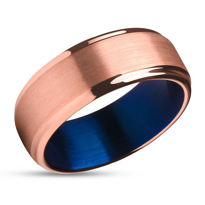 Rose Gold Wedding Ring - Blue Tungsten Ring - Rose Gold Wedding Band - Blue Ring for wholesale by Lucky Love Rings
