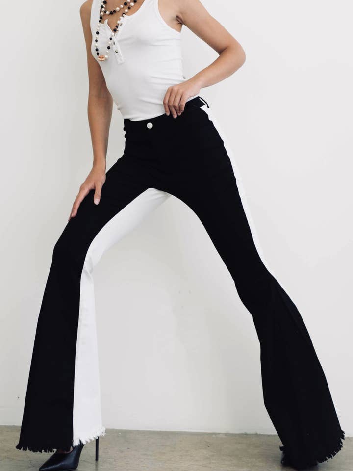 Black& White High Rise Flare Jeans for wholesale by KTNN Studio Inc.