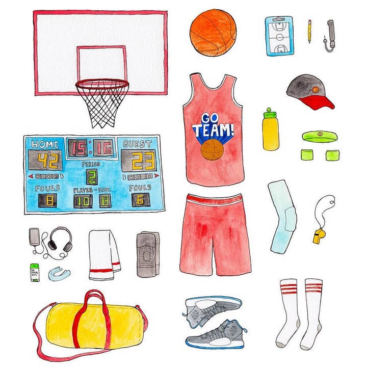 Basketball gear print for wholesale by Jodi Lynn's Emporium of Doodles