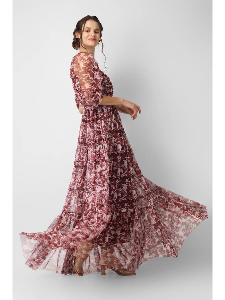 Alicia Maxi in Burgundy Print for wholesale on Faire