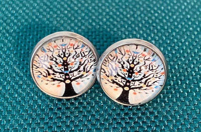 SMA Artistry Creations - Wholesale Stud/Post Earrings - 12mm Tree of life design glass cabochon stud earrings6