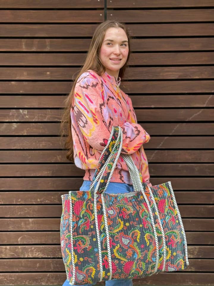 Quilted Velvet Cotton Reversible Oversize Tote Bag Beach Pouch Weekender Sustainable Sturdy Shopping Boho Summer Grey Multi Paisley Neon for wholesale by Essential Designs London