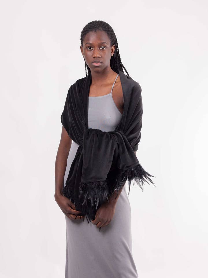 Velvet Party Shawl With Feathers for wholesale by MR Complements