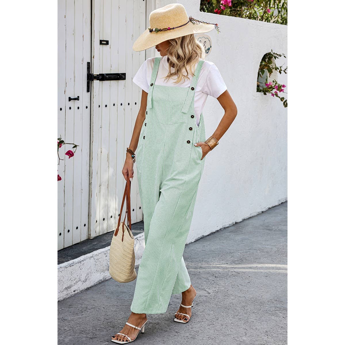 GREEN Solid Square Neck Button Trim Pockets Jumpsuit for wholesale on Faire2