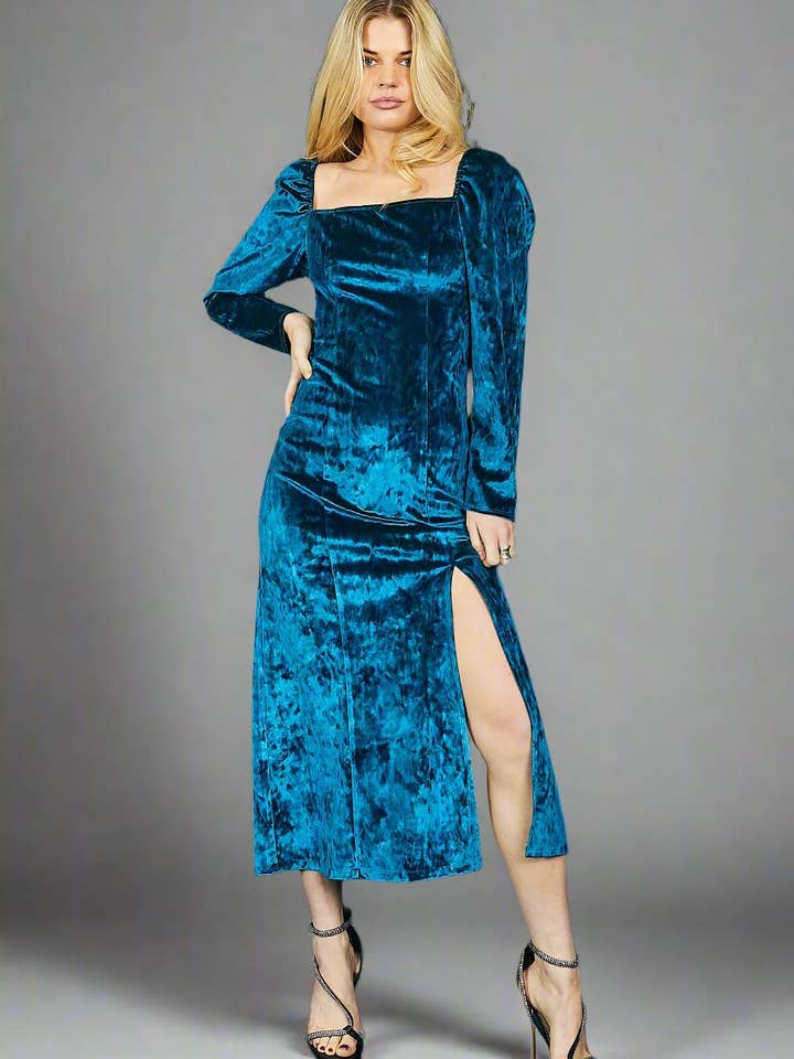 Square Neck Puff Sleeve Midi Dress in Teal Blue Velvet | Eliza for wholesale by Chekani