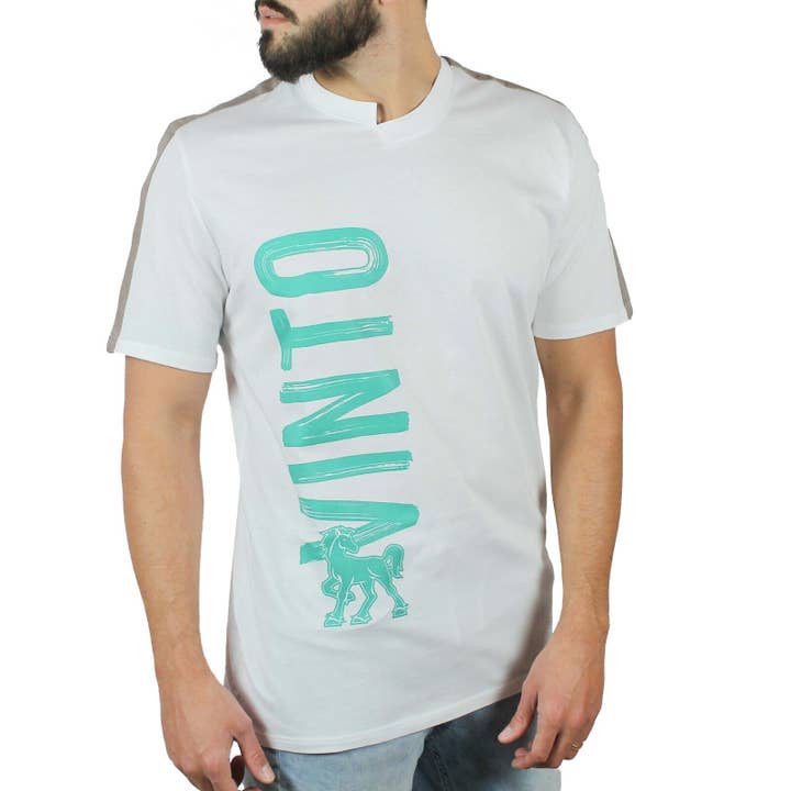 White T-shirt with dove gray linen inserts on shoulders and Vinto print for wholesale by Vinto Exclusive