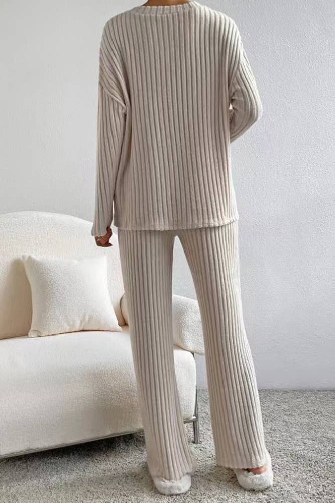 UNISHE - Wholesale Lounge Set - Women's - Plain V Neck Rib Long Sleeves Top With Pants 2pcs Set ZK5603