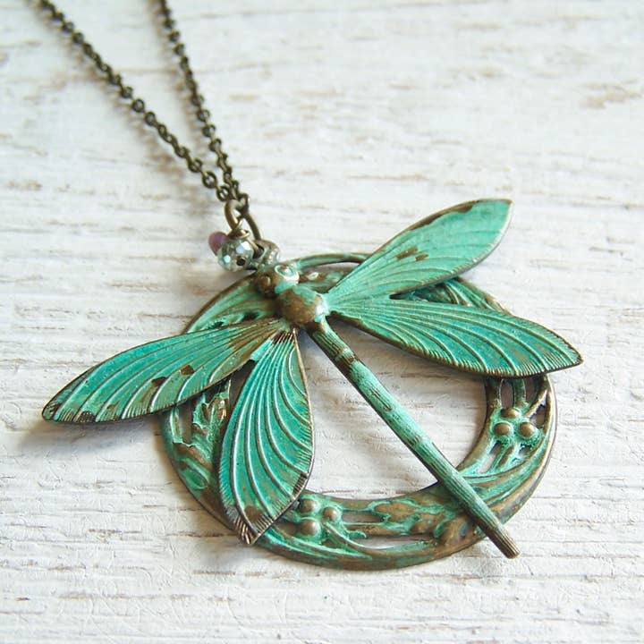 Nouveau Brass Necklace - 26" Brass Dragonfly for wholesale by Jo Bird Jewelry