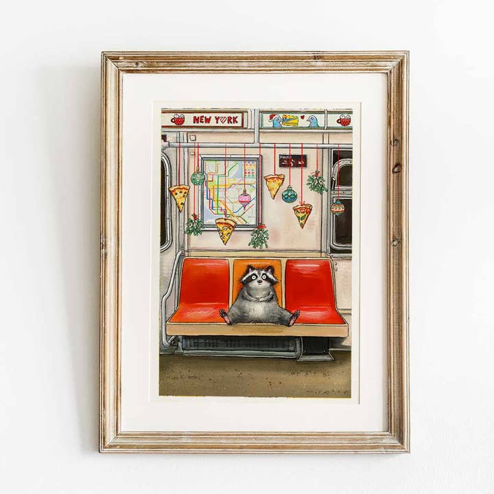 Raccoon on NYC Subway (5x7" with colorful mat) for wholesale by Lemon Zesty