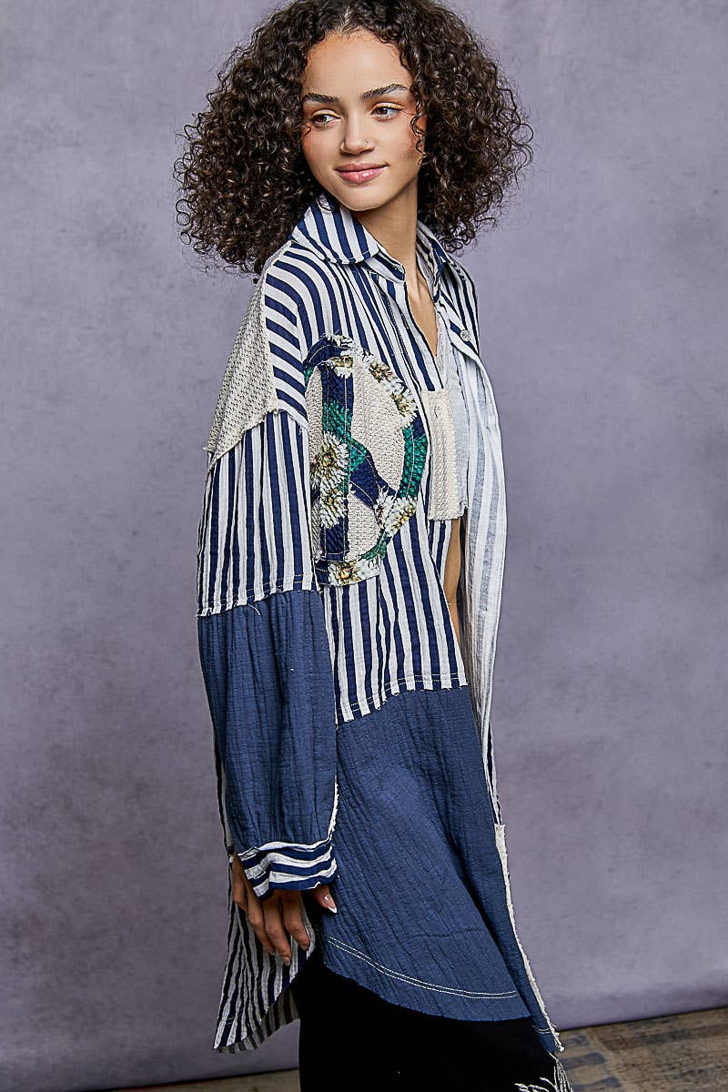 NAVY STRIPE Oversized Peace Patch Button Down Plaid Shirt Jacket for wholesale on Faire3