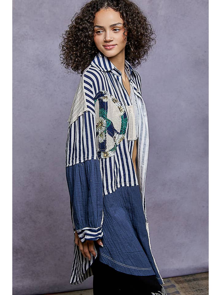 NAVY STRIPE Oversized Peace Patch Button Down Plaid Shirt Jacket for wholesale on Faire3