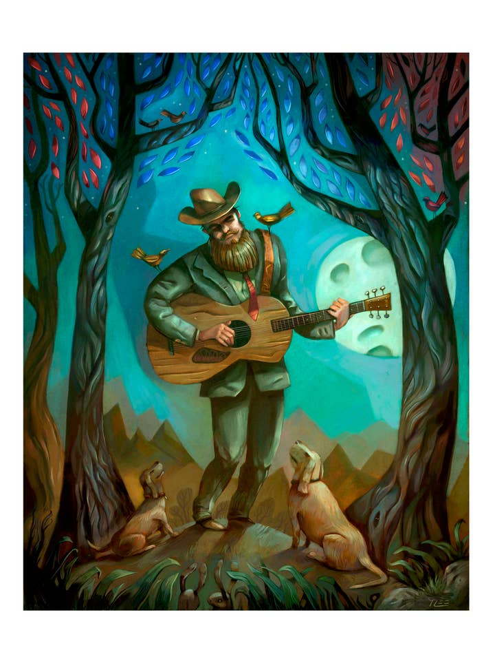 Midnight Moonlight, guitar player, dogs art print for wholesale by TIM LEE RABBIT RUN STUDIOS