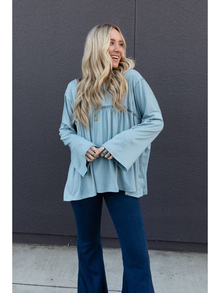 Three Bird Nest - Wholesale Tunic - Women's - Solid Serenity Long Sleeve Babydoll Top - Slate