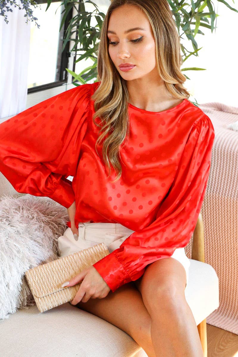 Vine & Love - Wholesale Blouse - Women's - Dot Print Long Puff Sleeve Jacquard Satin Blouse VT70191G-15