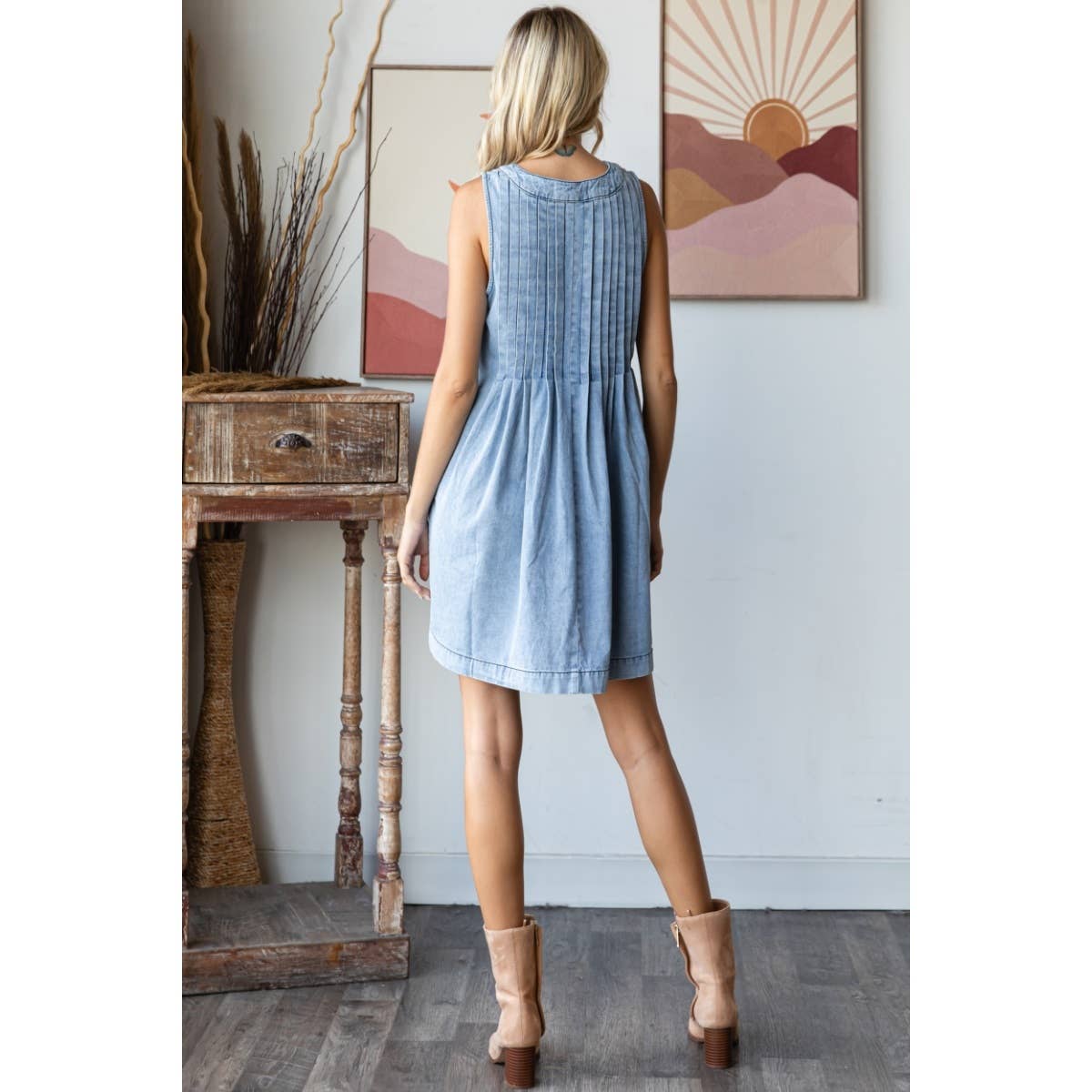 Light Wash V-neck Puff Sleeve Denim Short Dress for wholesale on Faire8