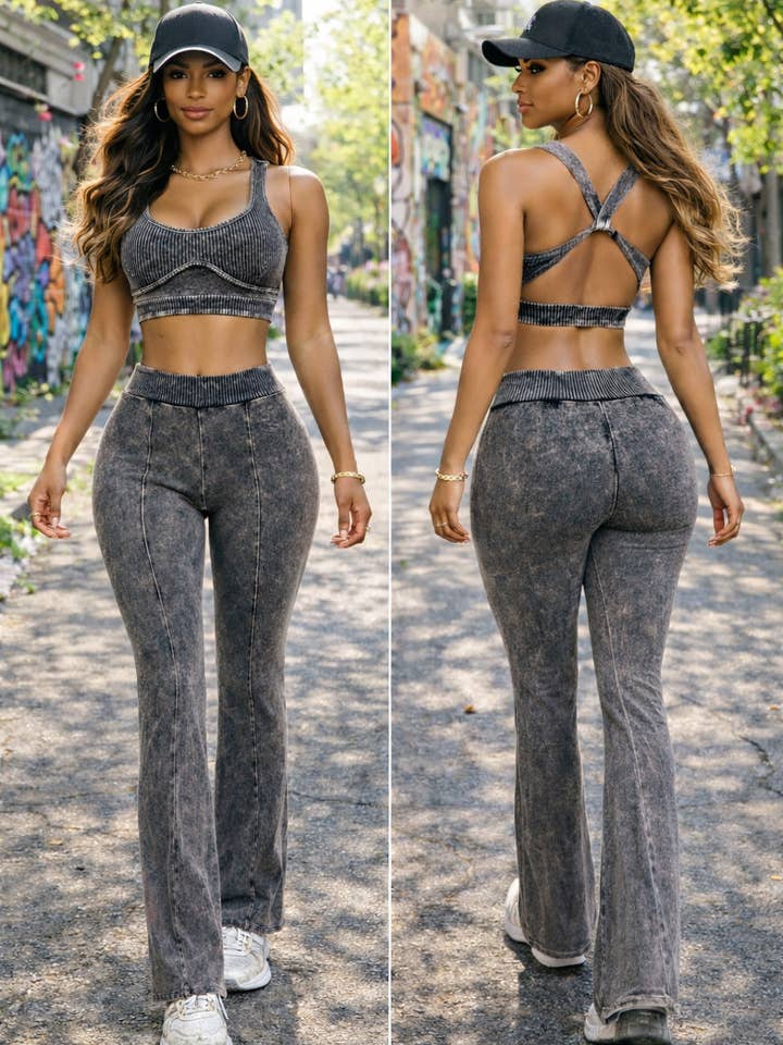 MINERAL WASH OPEN BACK BRALETTE & FLARE PANT SET for wholesale by Dalia Studio
