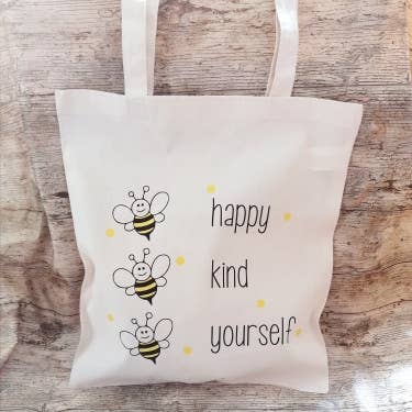 Bee happy kind yourself bee theme cream re useable tote bag for wholesale by HEATHER'S HOME