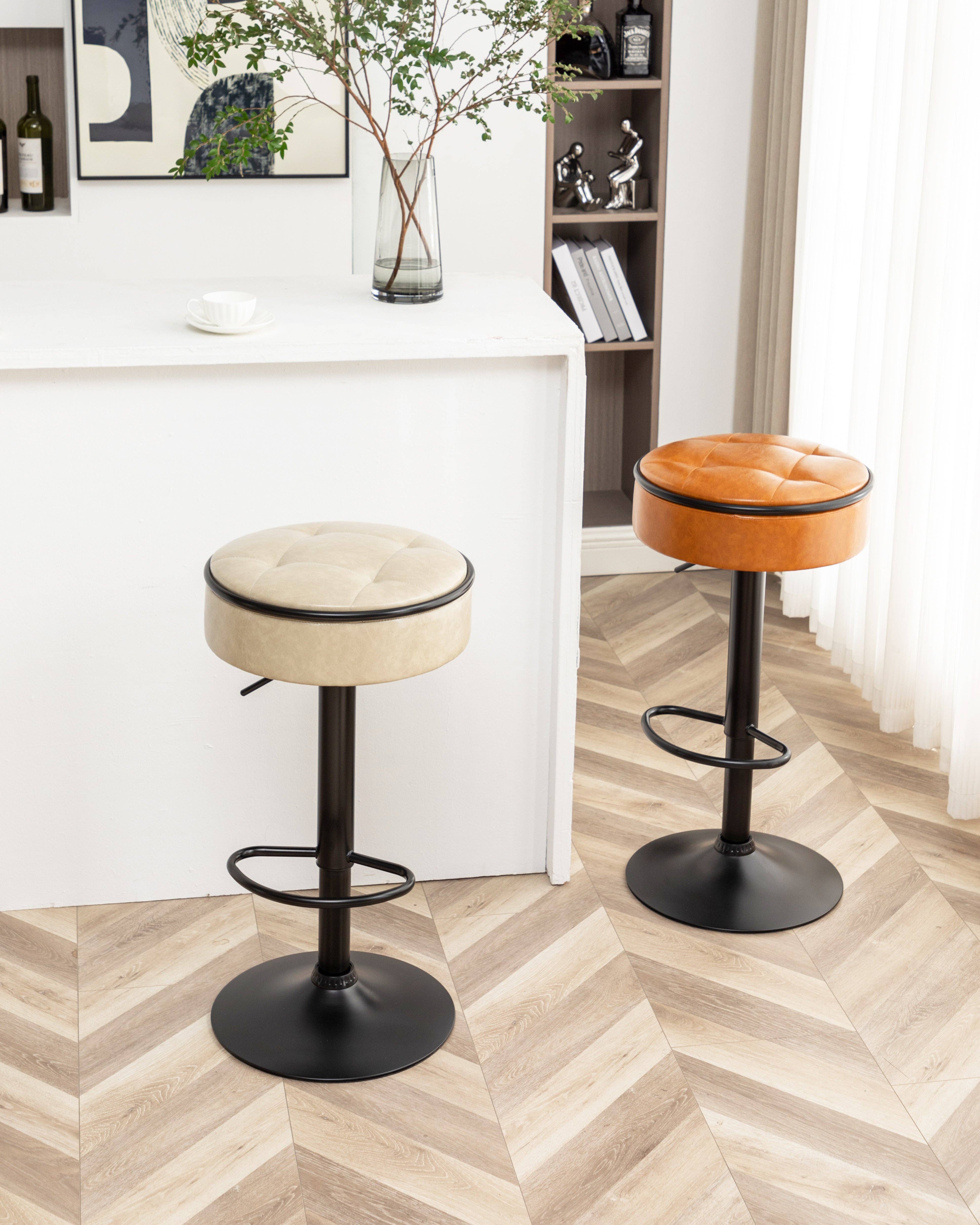 Orange County Decor - Wholesale Stool - Round Storage Bar Stool Set Of 2, Khaki Faux Leather Height Adjustable Barstool, 360 Counter Height Swivel Stool, Armless Bar Chair With Metal Frame For Kitchen Counter Dining Living Room Khaki Set4
