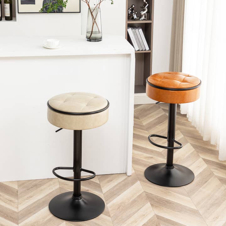 Orange County Decor - Wholesale Stool - Round Storage Bar Stool Set Of 2, Khaki Faux Leather Height Adjustable Barstool, 360 Counter Height Swivel Stool, Armless Bar Chair With Metal Frame For Kitchen Counter Dining Living Room Khaki Set4