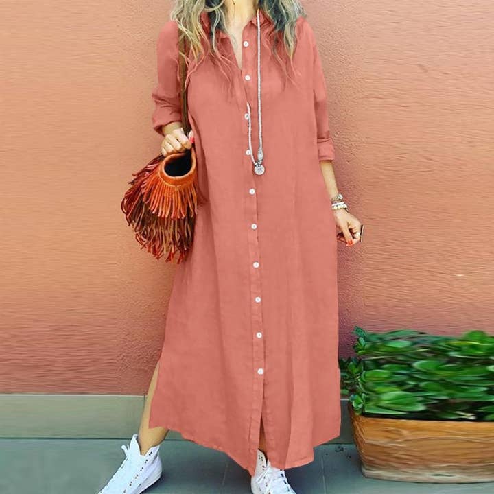 Rosa Clothing - Wholesale Dress - Women's - plain button down long sleeve v-neck shirt dress
