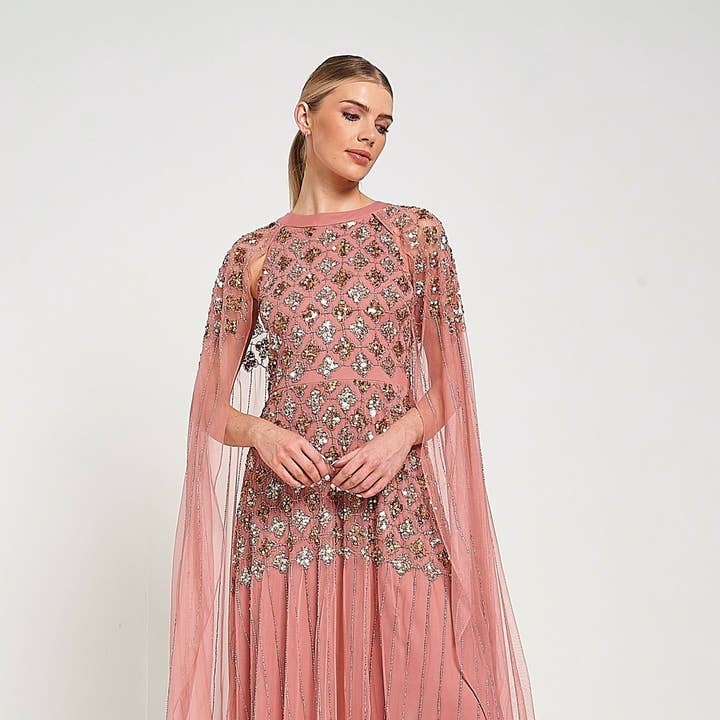 Kezia Pink Embellished Cape Sleeve Maxi Dress for wholesale by Frock & Frill