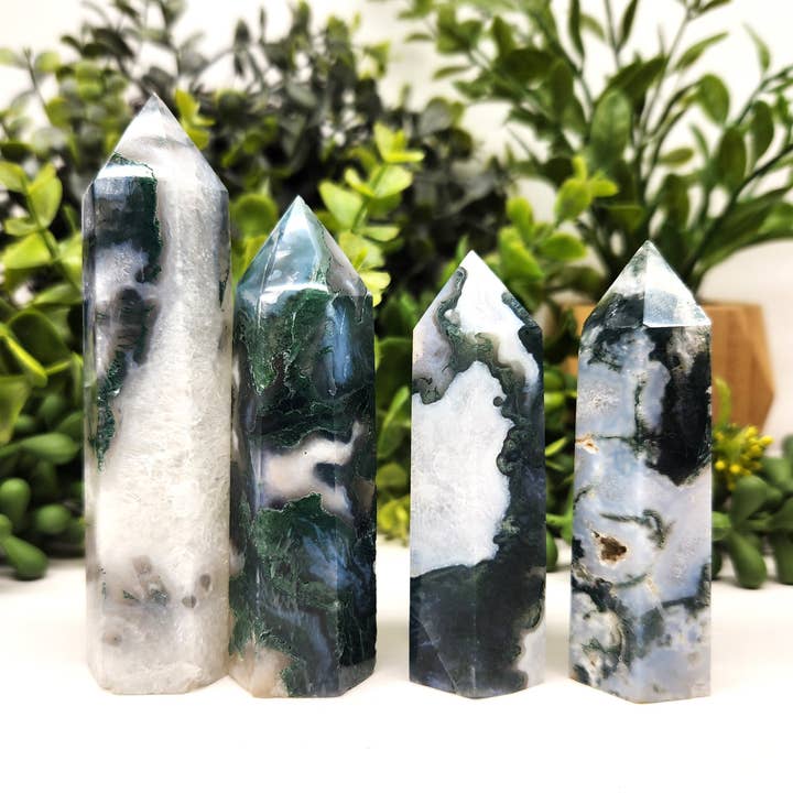 Meraki Gemstones - Wholesale Spiritual Stone/Crystal - Moss Agate Gemstone 6-Sided Towers (Sold by 0.5kg)