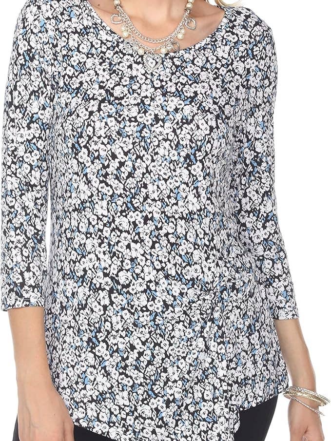 Women 3/4 Long Sleeve V Neck Twisted Knot Casual Top Floral for wholesale by The Collection Royal / Royal Handicrafts