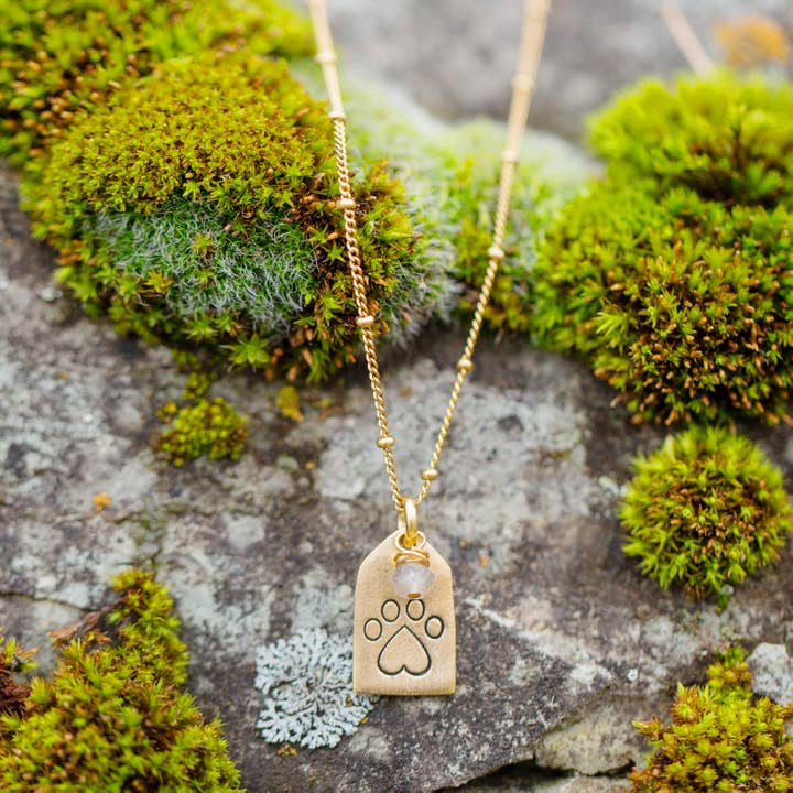 Dainty Gold Tag Necklace | Paw Print with Quartz for wholesale by HorseFeathers Jewelry & Gifts LLC