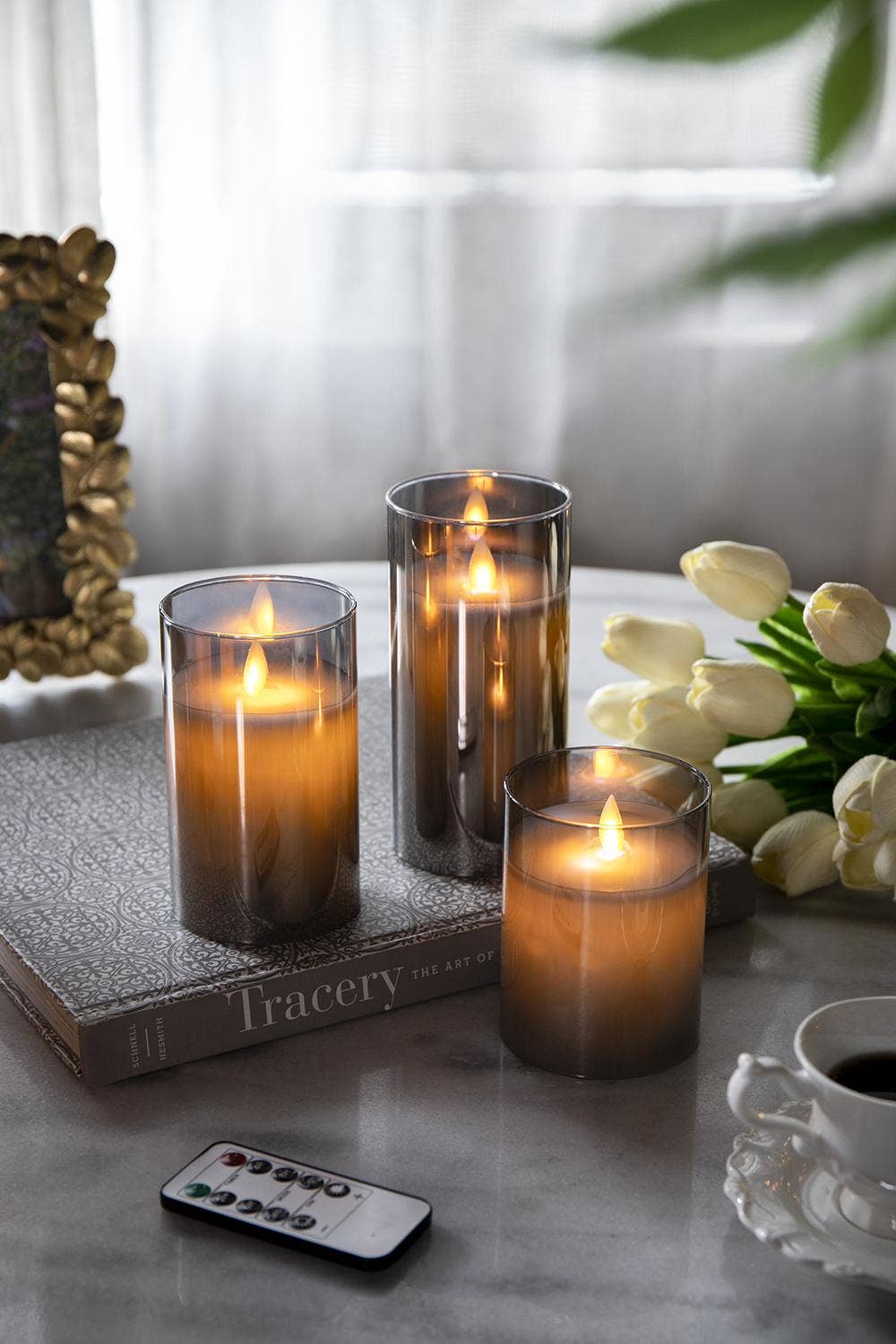 A&B Home Group Inc. – Engroshandel Flammeløst stearinlys – S/3 Realistiske flammeeffekt LED vokslys med fjernbetjening - Røgfarvet5