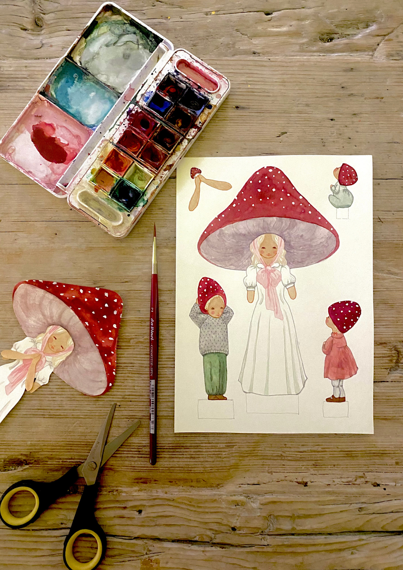 Tall Hat Tales - Wholesale Art Print - Papercutouts Red Mushroom Mom with Children1