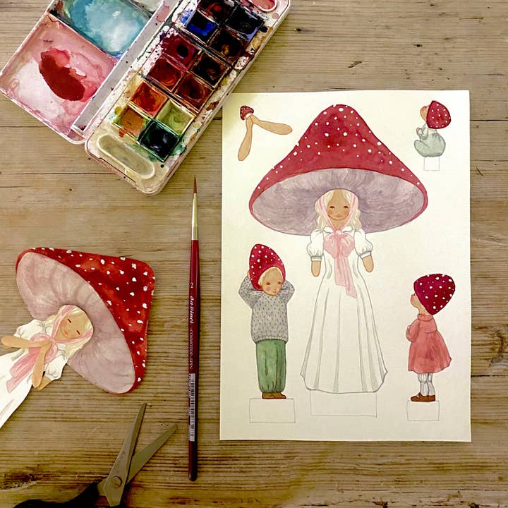 Tall Hat Tales - Wholesale Art Print - Papercutouts Red Mushroom Mom with Children1