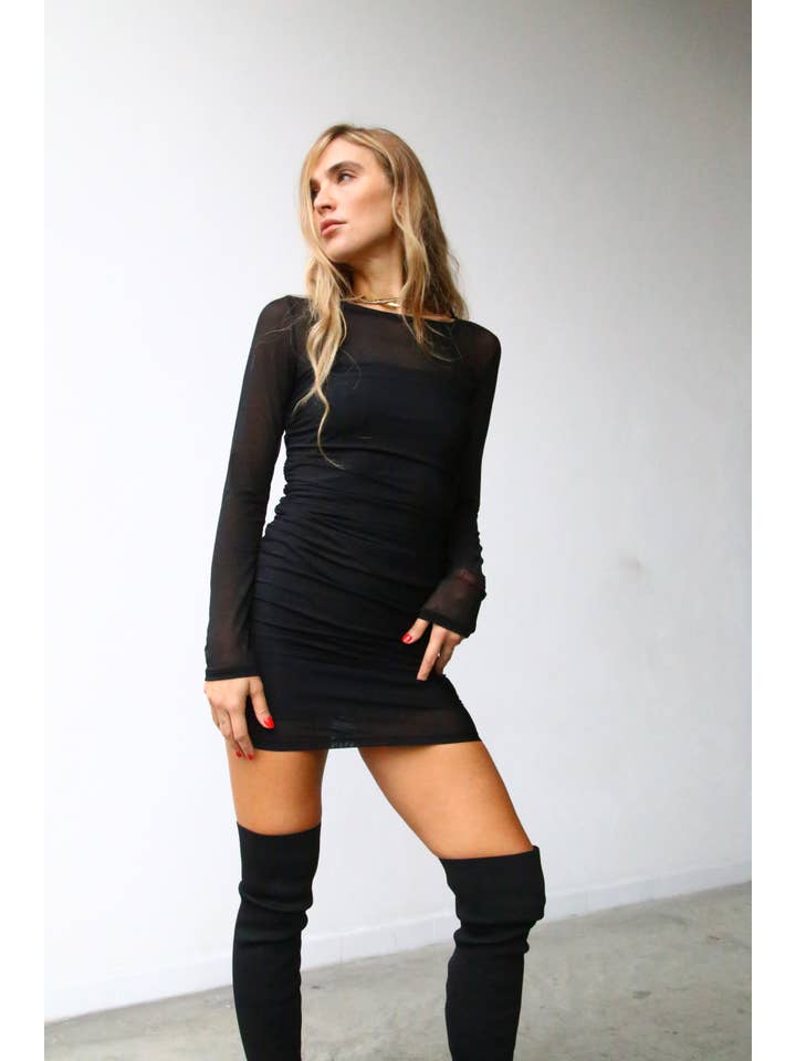 A6080 SHORT GATHERED DRESS LONG SLEEVE BLACK TULLE for wholesale on Faire2