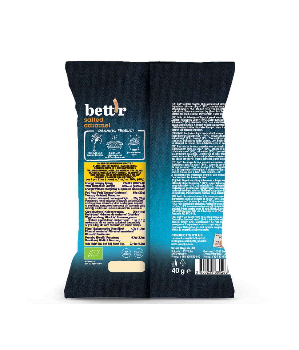 Smart Organic - Vendita all'ingrosso Patatine - Chips di cocco al caramello salato biologiche Bett'r, 40 g2
